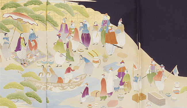 画像3:美術友禅山之内色留袖『南蛮人貿易図』(ゴム糸目工程)伝統的工芸品京友禅